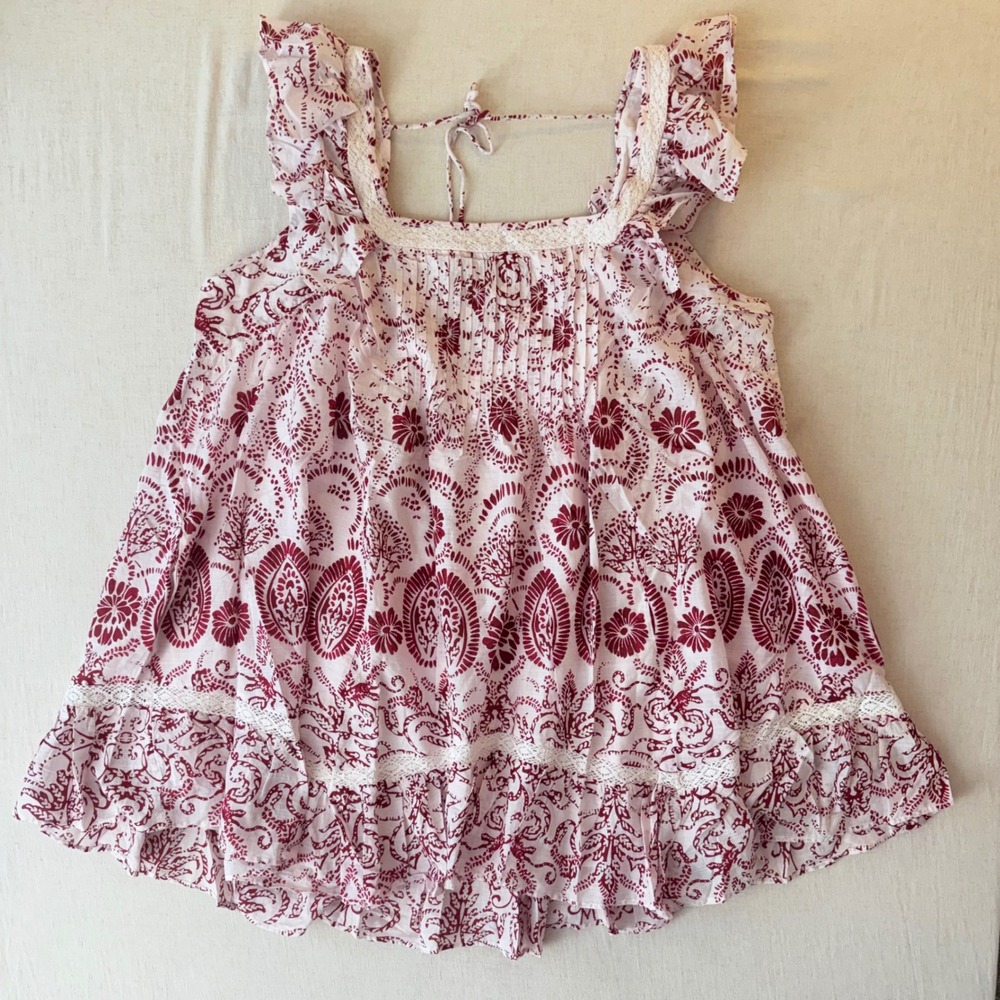 Maeve Flutter-Sleeve Babydoll Mini Dress Plus Size 3X Red Paisley Cotton Boho - Picture 2 of 12